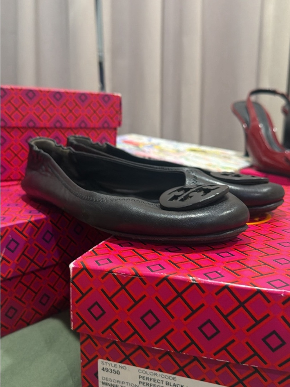 Black Women's Leather Ballet Flats with Logo Accent